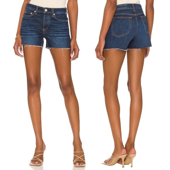 Rag & Bone Blue Denim Dre Low-Rise Frayed Hem Button Fly Shorts $165 Size 32 NEW - Picture 2 of 11